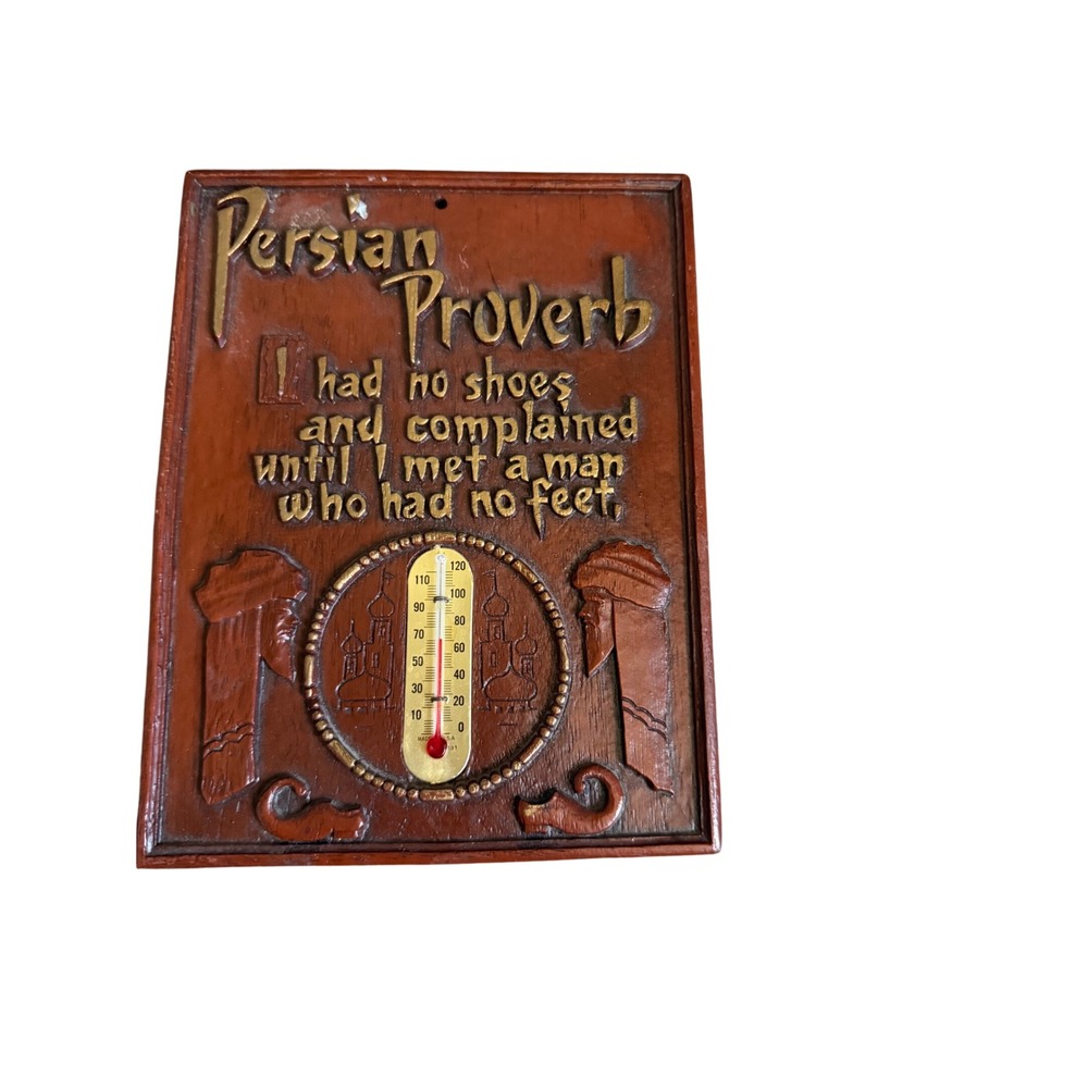 Vintage Persian Proverb Wall Plaque with Thermometer Faux Wood Quote Sign 7x5